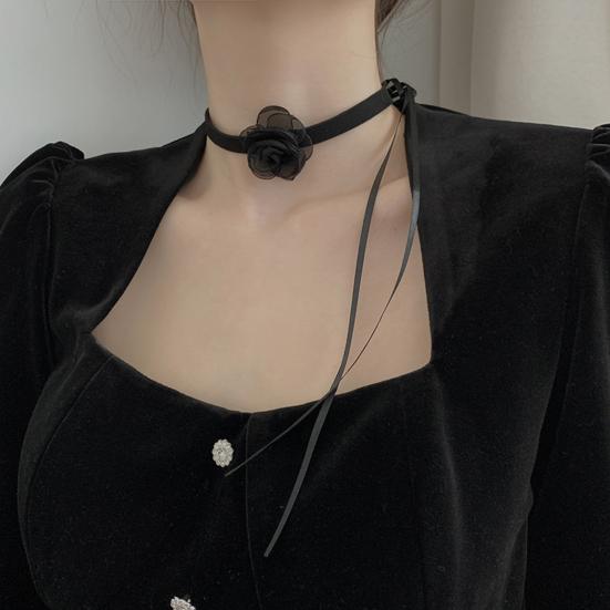 Elegant Women Punk Goth Choker Necklace Lace Camellia Decoration Adjustable Length Short Necklace Jewelry Gift Accessories