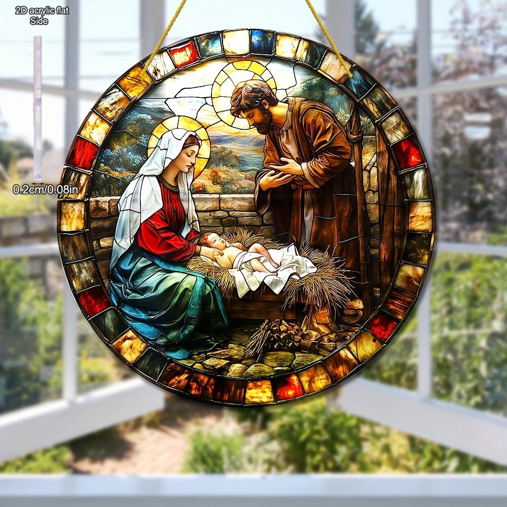 Jesus Comes Suncatcher Nativity Scene Acrylic Sun Catcher Wall Hanging Christmas Decorative Sign & Plaque Gift for Family Friend