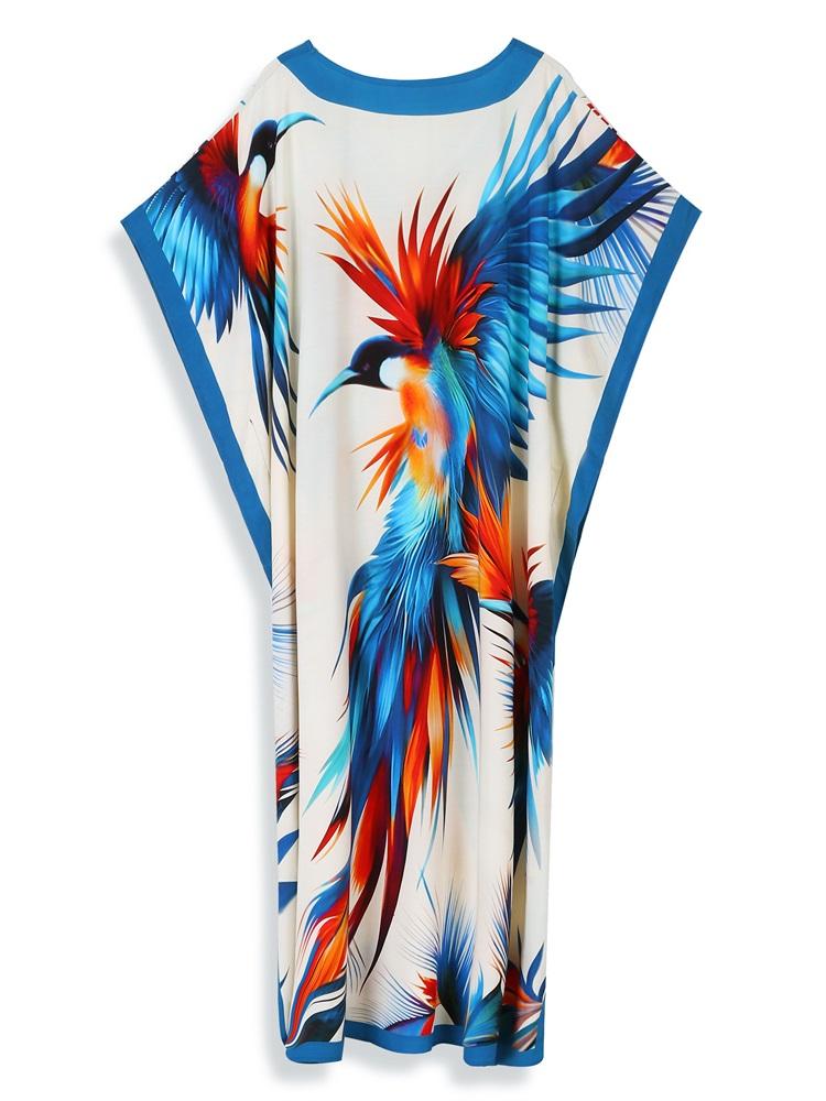 EDOLYNSA Шикарное синее длинное платье с принтом в стиле бохо и v-образным вырезом, рукавами «летучая мышь», кафтан больших размеров, 2024, женская пляжная одежда для летних каникул, купальник, накидка Q1594