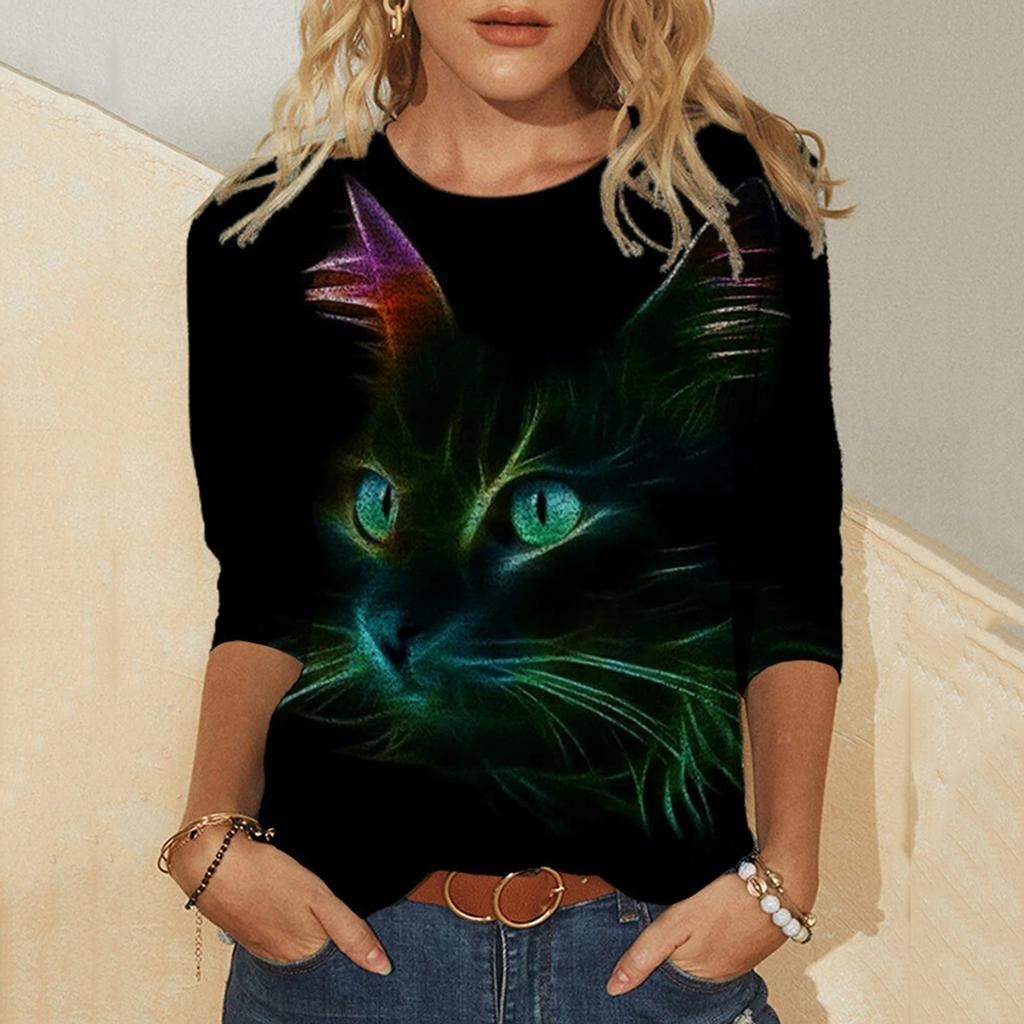 Women Casual Long Sleeve Cat Printing Shirt Blouse Top