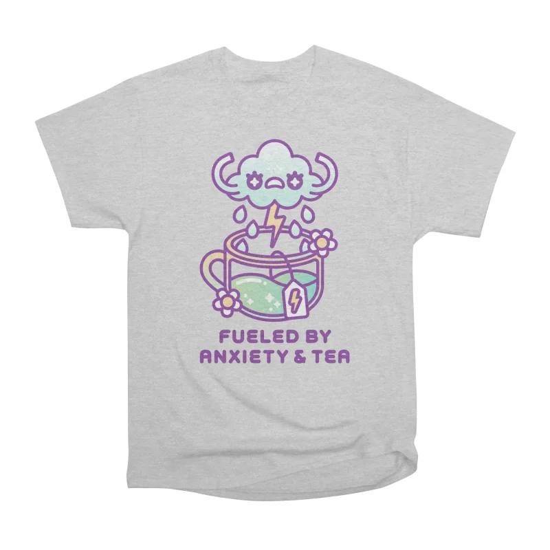 Men Casual Shirts Short Sleeves FUELED BY ANXIETY TEA Grey Tees Oversized T-shirts