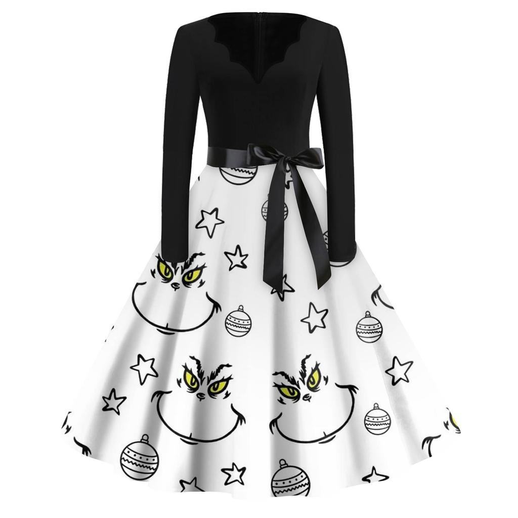 Женское модное платье с V-образным вырезом, повседневное, приталенное, с рождественским принтом, с длинным рукавом