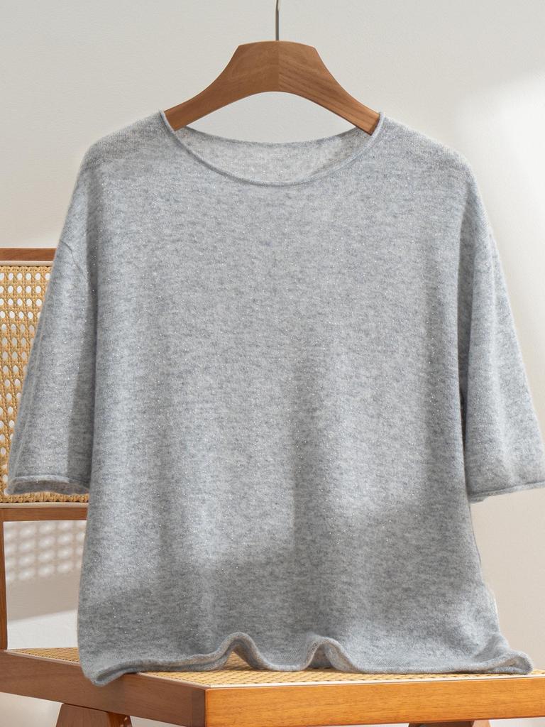 Women's 100% Pure Cashmere Short Sleeve Round Neck Sweater - Rolled Hem Knitwear, Early Autumn Versatile Pullover