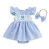 Baby Girls Easter Romper Dress Plaid Printed Flying Sleeve Round Neck Jumpsuit with Bow Headband