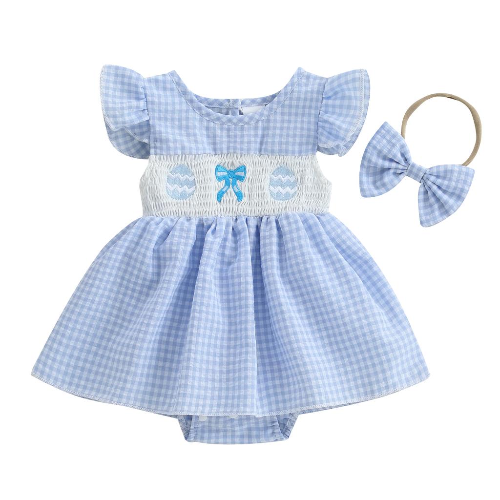 Baby Girls Easter Romper Dress Plaid Printed Flying Sleeve Round Neck Jumpsuit with Bow Headband