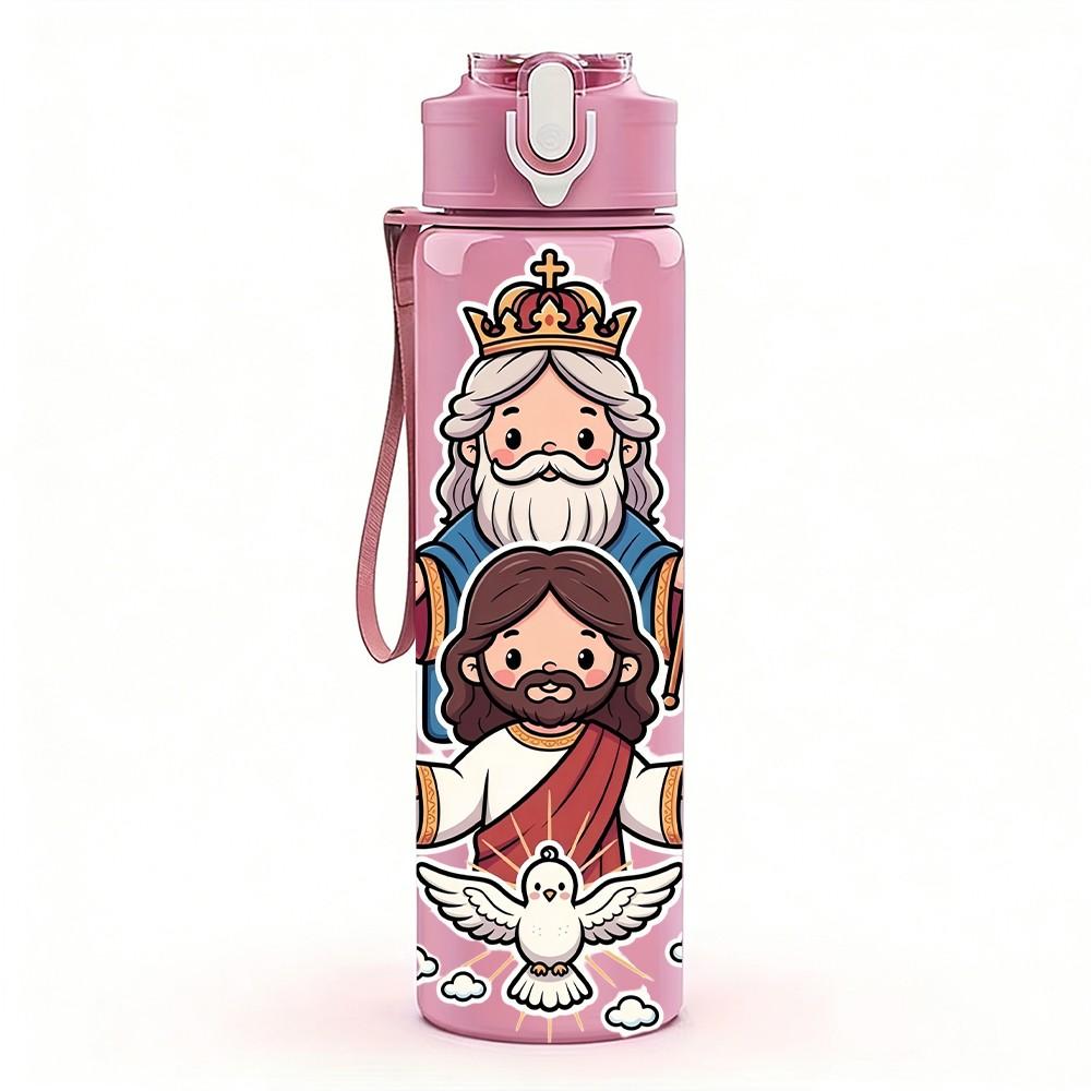 1PC Holy Family Vintage Cartoon Print 750ml Color Plastic Sports Water Bottle Leakproof Flip Straw Lid Suitable for Sports Office Home Use