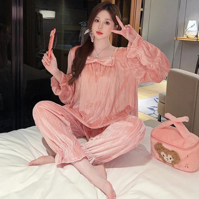 Большой размер бархатная роскошная домашняя одежда женская зимняя одежда для дома с длинным рукавом комплект из 2 предметов женская пижама свободный комплект