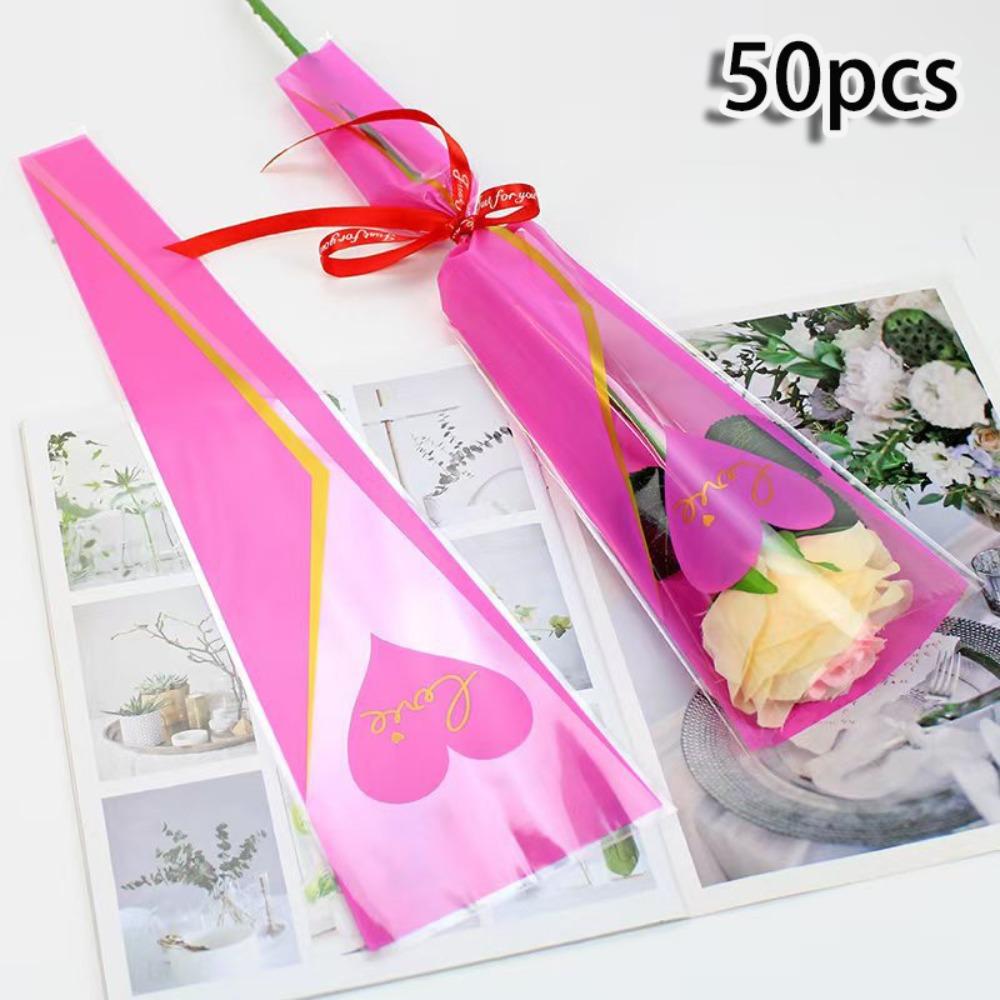 50pcs DIY Single Rose Sleeves Transparent Flower Wrapping Packa New Bouquet Packaging Sleeve