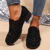 Women's Sequin Loafers - Black Glitter Slip-On Shoes with Chunky Heel, Breathable Fabric Upper & PU Sole, Comfortable Casual Nurse Shoes
