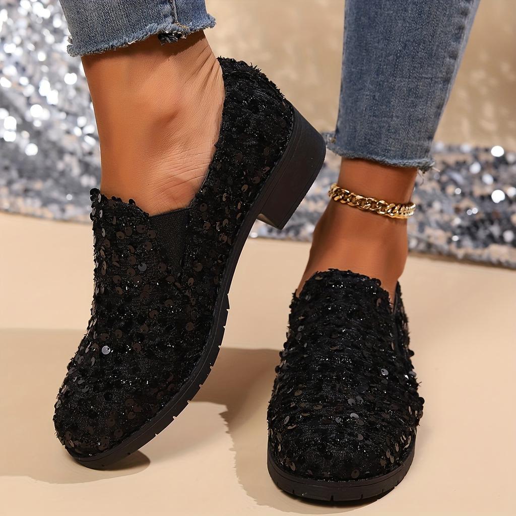 Women's Sequin Loafers - Black Glitter Slip-On Shoes with Chunky Heel, Breathable Fabric Upper & PU Sole, Comfortable Casual Nurse Shoes