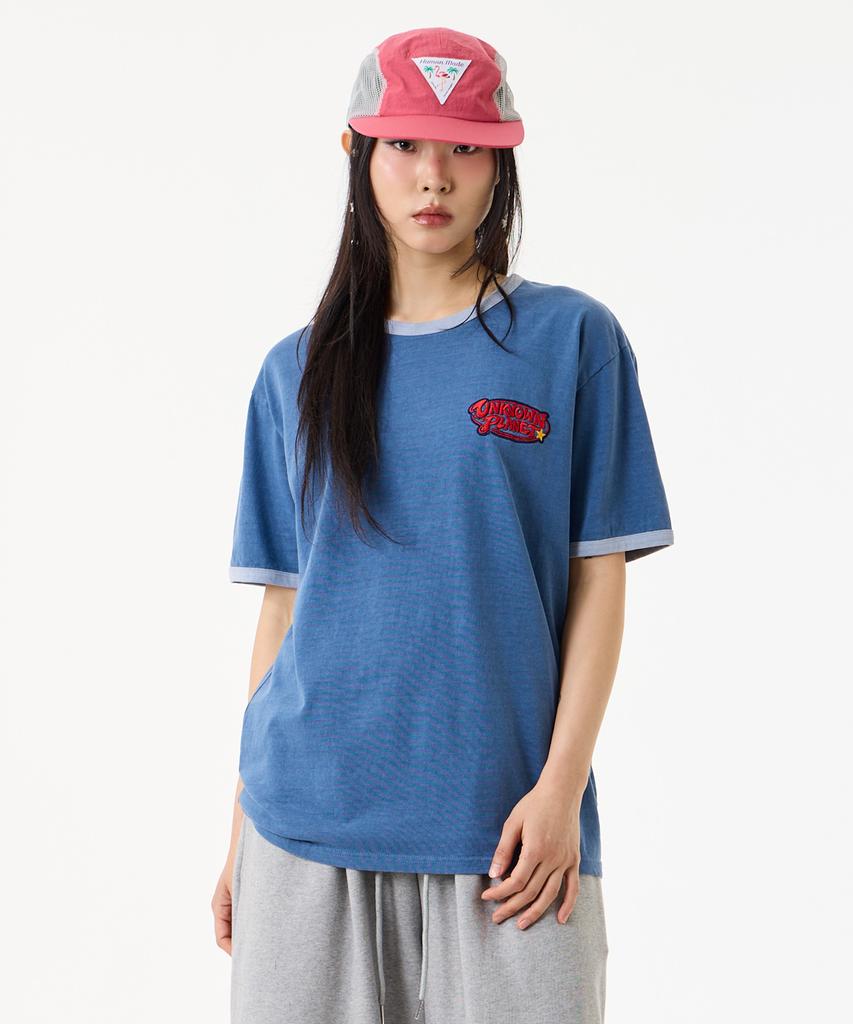 UNKNOWN PLANET [Unp] Pigment-Dyed Graphic Ringer T-Shirt Blue