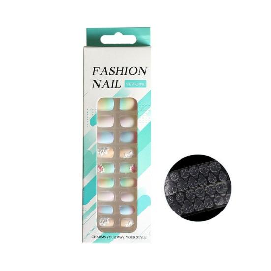 Ногти с клеем Красочное 3D-тиснение Квадратное короткое наращивание ногтей Полное покрытие