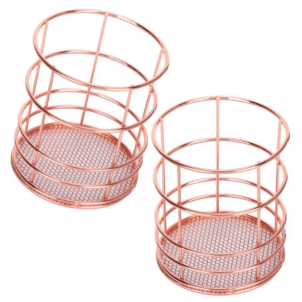 2Pcs Rose Gold Pen Holder Stainless Steel Storage Container Desktop Storage Box Makeup Organizer