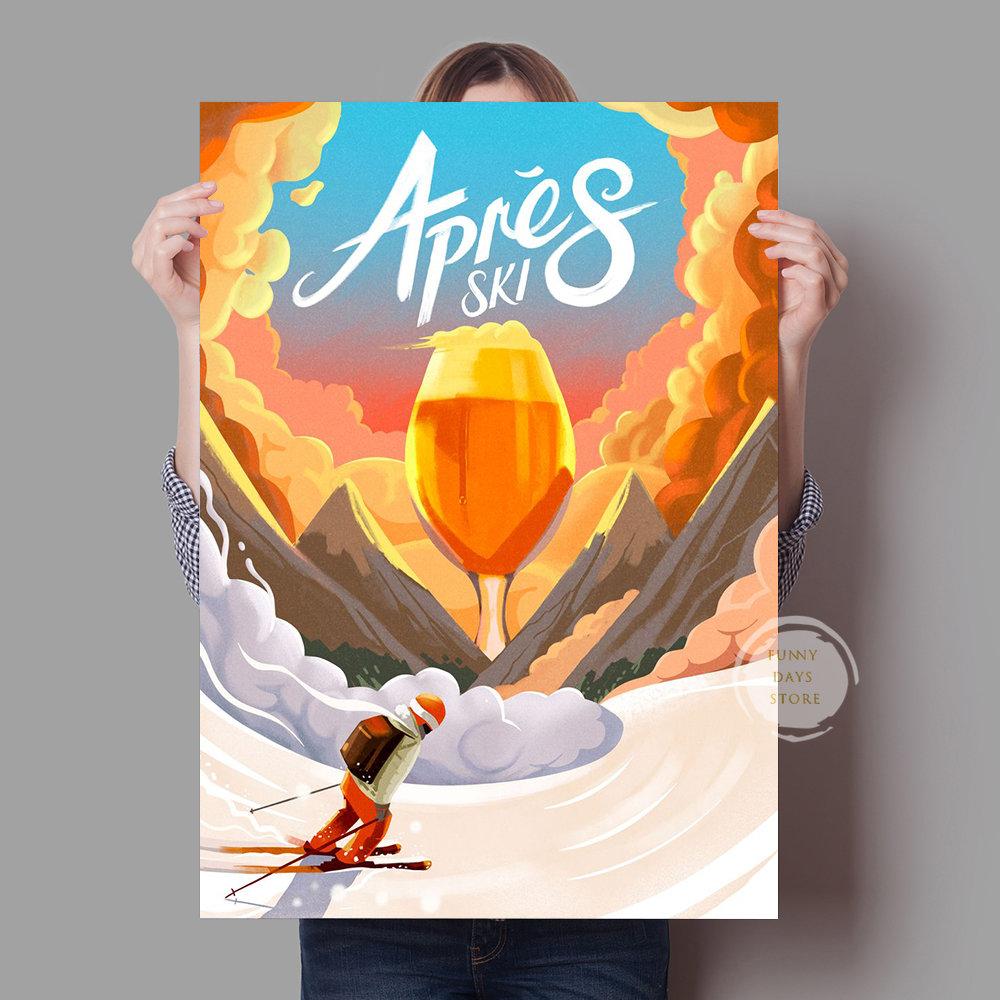 Зимние виды спорта Катание на лыжах Искусство Плакаты и принты Холст Живопись Винтаж Путешествия Лыжи в снегу Сноуборд Апре-ски Зимний домашний декор Без рамки