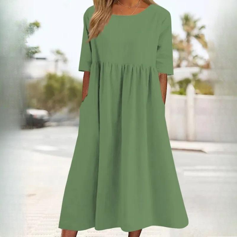 GMXIA Весна/лето О-образный вырез рукава 1/2 большого размера повседневные свободные длинные однотонные хлопковые платья