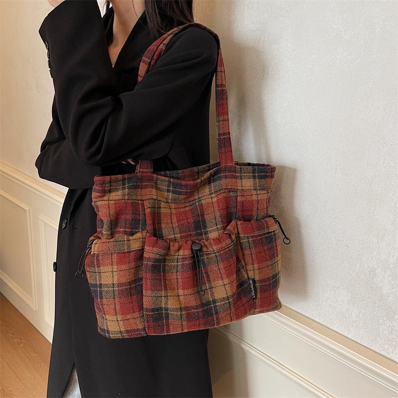 Шерстяная клетчатая большая сумка женская модная большая сумка через плечо для отдыха и учебы сумка-тоут