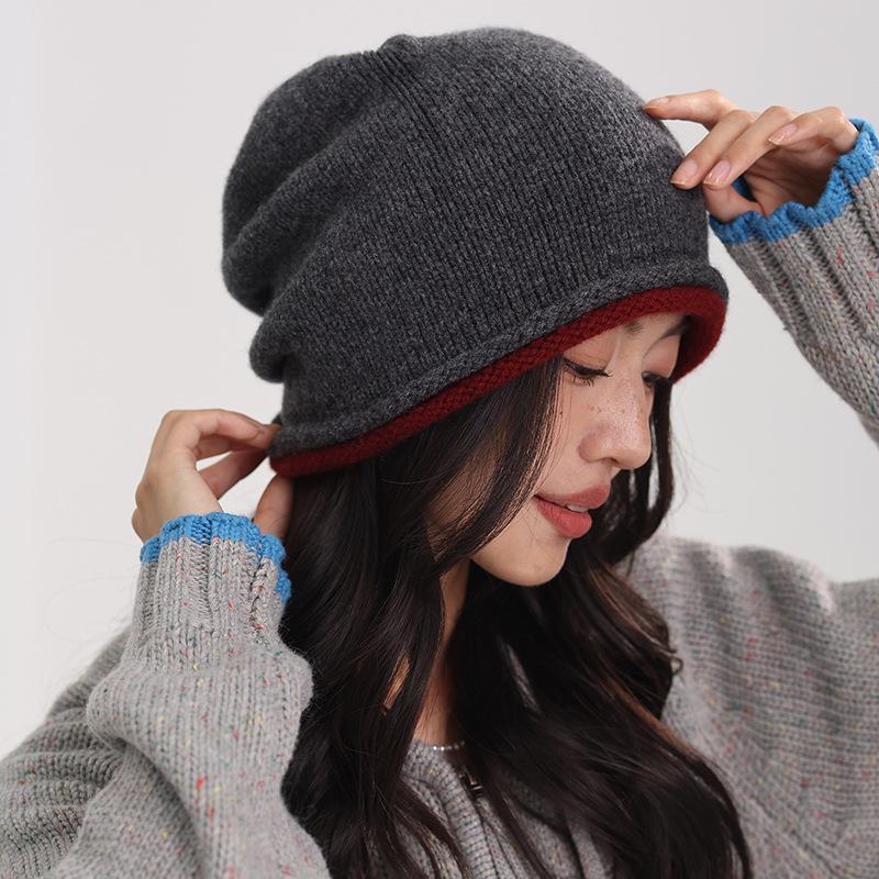 Full wool bilateral wool hat Japanese solid color simple crimped knitted hat Autumn and winter ear protection versatile cold hat Baotou hat