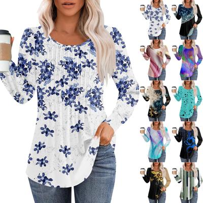 Рубашки с длинным рукавом для женщин, футболки с милым принтом и графикой, блузки, нарядные повседневные блузки, плиссированные топы-туники с овальным вырезом