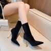 Мода 2025 Осень Зима Эластичная Искусственная Замша Женские Ботильоны Мода Металлическое Золото Тонкий Высокий каблук Слим Челси Носки Ботинки Обувь Ботильоны