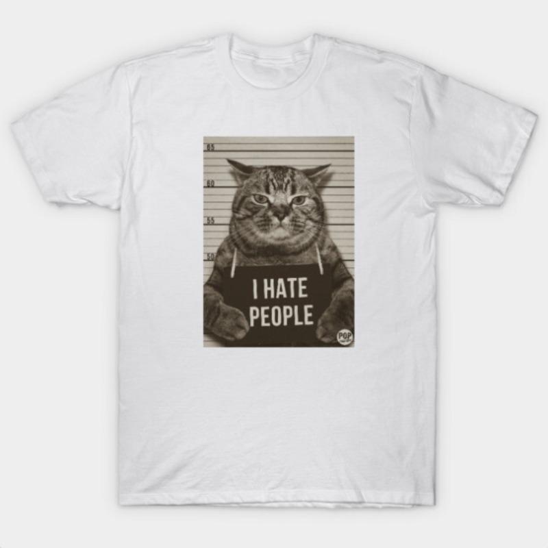 Funny I Hate People Cat with Sign Graphic Printed Black T Shirt Unique Anti Social Humor Design for Unisex Unisex Cool Streetwear