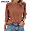 Women's Fashion Casual Spring Fall Solid Color Print 3/4 Sleeves O-Neck Blouses & Shirts