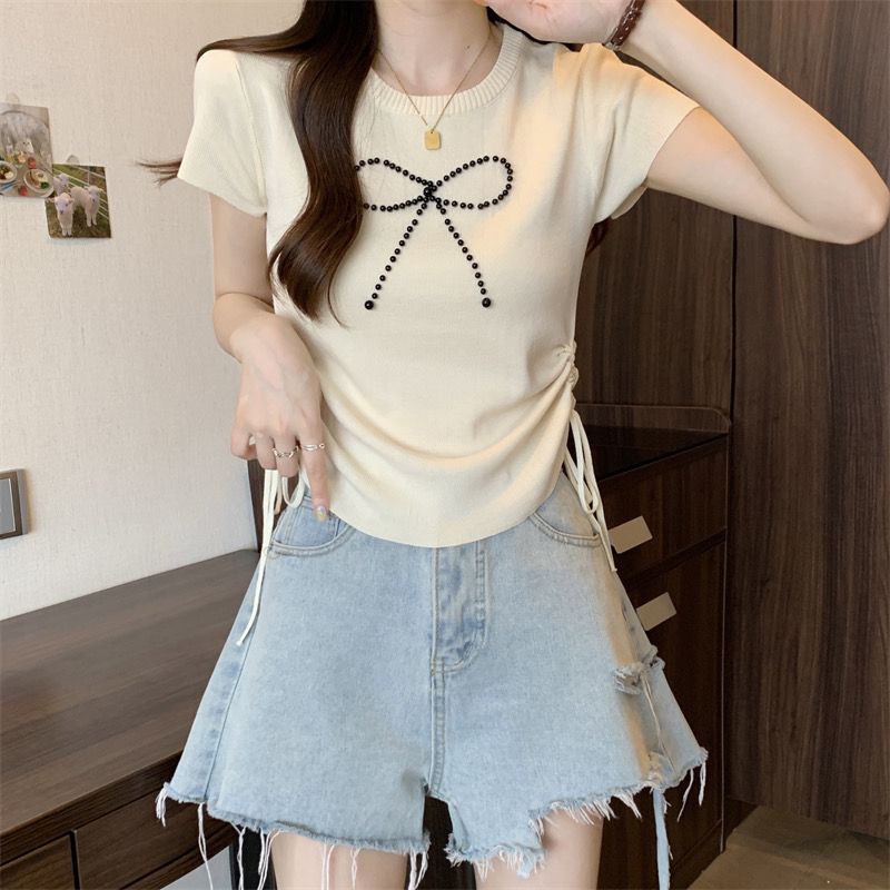French Sweet Design with A Cinched Waist Knit Sweater Women's Summer Slim Fit Versatile Short Top
