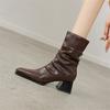 Fashion New Autumn Winter Women Boot Fashion Pleated Square Toe Boots for Women Short Boots Ladies Shoes Western Boots Zapatos Mujer