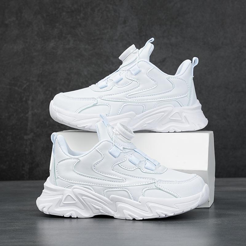 Girls shoes mesh breathable children's sports shoes leather waterproof school white shoes rotating button boys running shoes