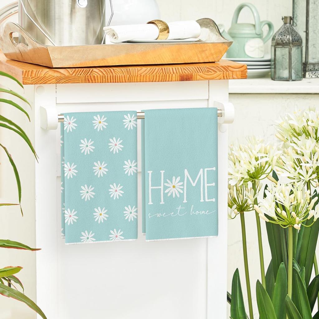 Artoid Mode Blue Home Sweet Home Flowers Kitchen Towels Dish Towels, 18x26 Inch Summer Decoration Hand Towels Set of 2
