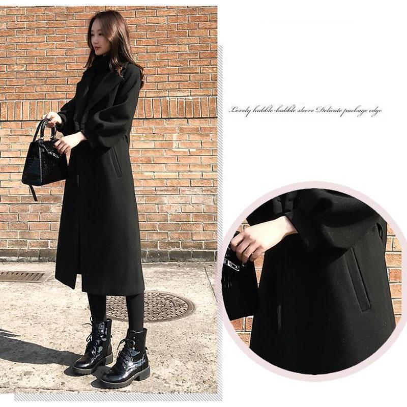 Women Wool Coat Solid Color V-neck Jacket Casual Slim Windbreaker Trend Temperament Top Over The Knee