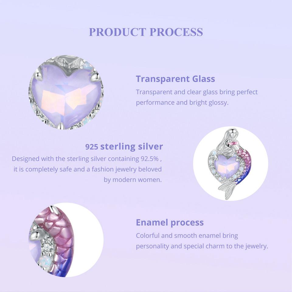 BAMOER Dainty 925 Sterling Silver Dreamy Mermaid Charm Fish Tail Silicone Spacer Bead Charm for Women Fit Original Bracelet