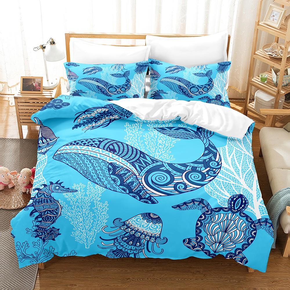 Blue Sea Turtle Print Bedding Set 3PCS Full Queen King Size Summer Travel Soft Microfiber for Kids Boys Girls Room Decor