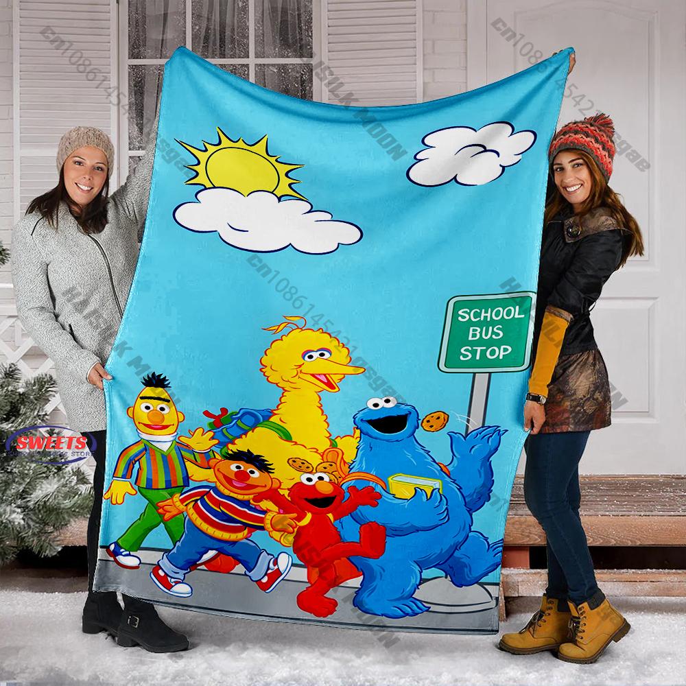 6 Sizes S-Sesame S-Street Pattern Printed Blanket, Cozy Warm Blanket for Sofa, Bed, Camping, Holiday Gift for Family and Friends