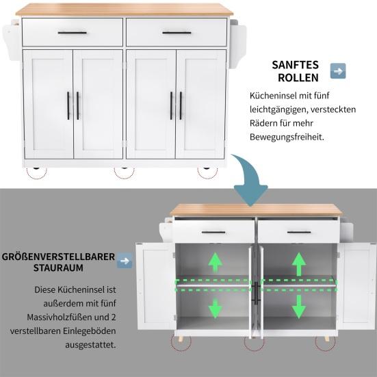 Kitchen Sideboard Serving Trolley with Folding Table Top 120x46(70)x91cm White Castors Cabinet And Interchangeable Wooden Legs Ideal for