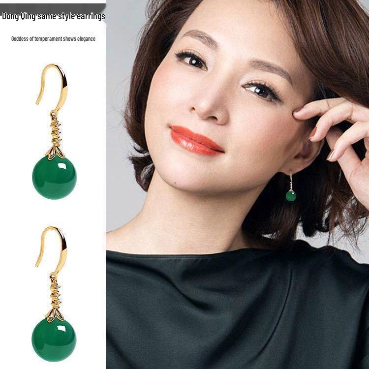 Корейская мода Позолоченные серьги-подвески с зеленым яшмовым камнем