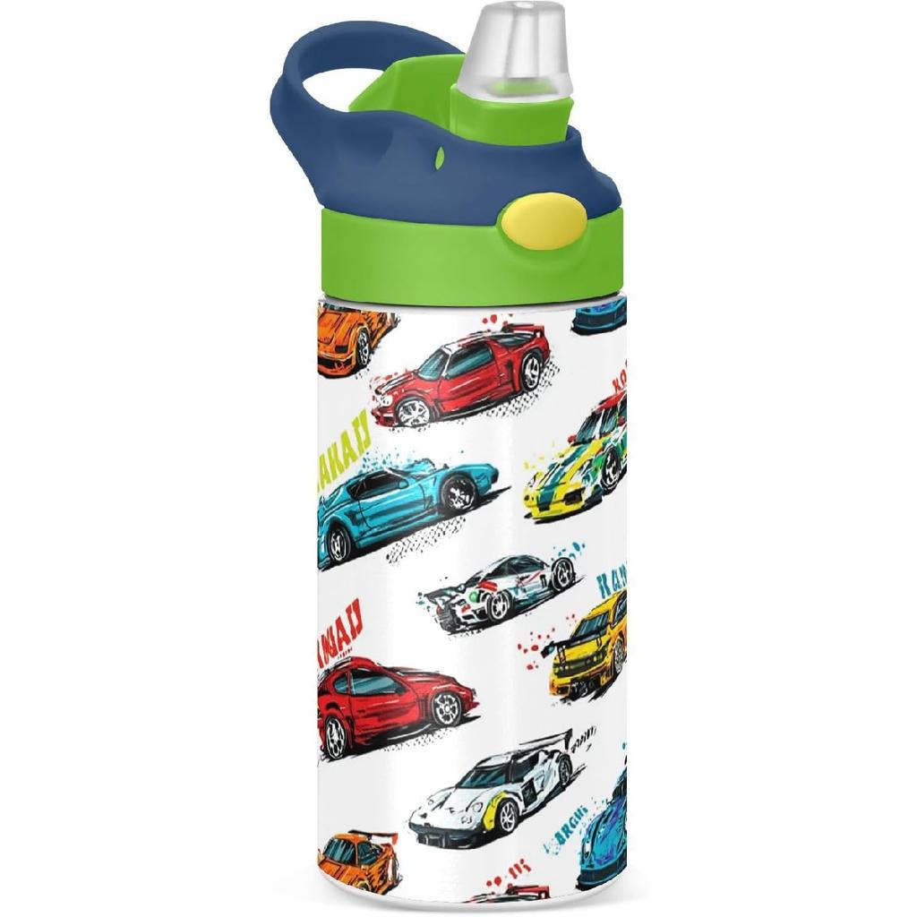 Boccsty Bright Race Car Truck Kids Water Bottle with Straw Lid Sport Cars ulated Stainless Steel Reble Tumbler for Boys Girls Toddlers 12 oz Green