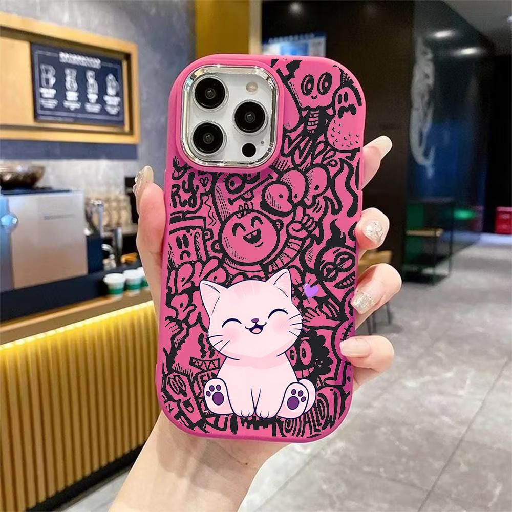 Чехол для телефона: 2D плоский дизайн, подходит для iPhone 18 17 16 15 14 13 Pro, парный стиль, светло-розовый улыбающийся котенок, Рождественский и Хэллоуинский подарок