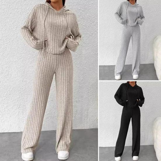2 Pcs/Set Women Hoodie Pants Suit Drawstring Thread Long Sleeves Solid Color Top High Waist Wide Leg Sport Trousers Spring Fall Tracksuit