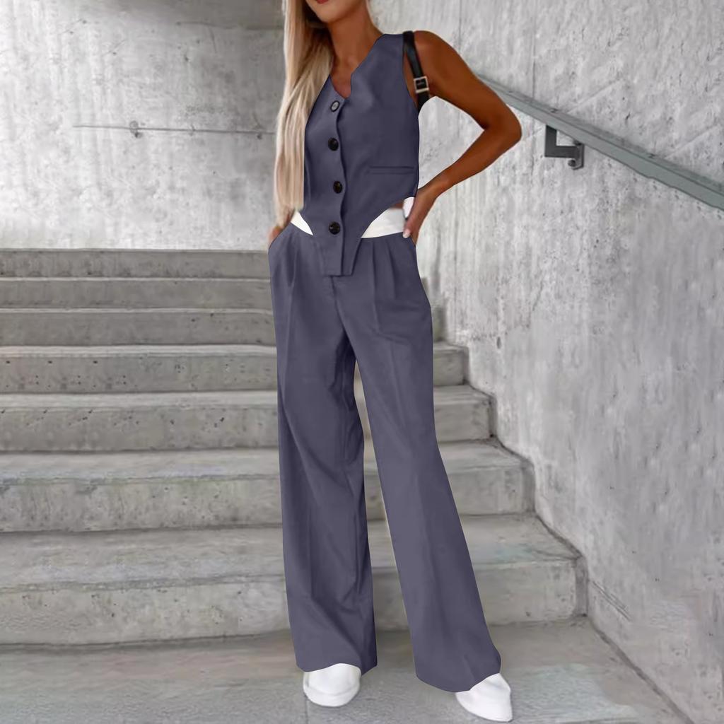 Женская летняя мода, повседневный жилет на пуговицах, комплект брюк, женская одежда