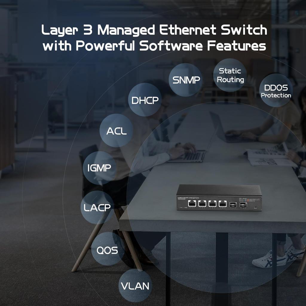 Binardat 10 Gigabit Managed 4x10G RJ45 Supports 2x10G 120Gbps L3 Web Metal Small Network Switch 6-port Switch, Ethernet, 1G/2.5G/5G/10G, SFP+,