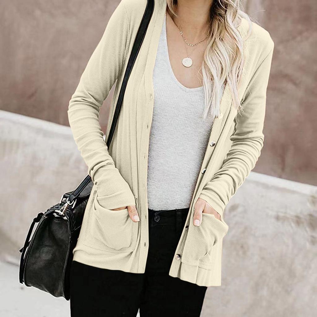 Women's Long Sleeve Tops Casual Shirts Button Down Pockets Basic Ribbed Knit T Shirts Cardigan
