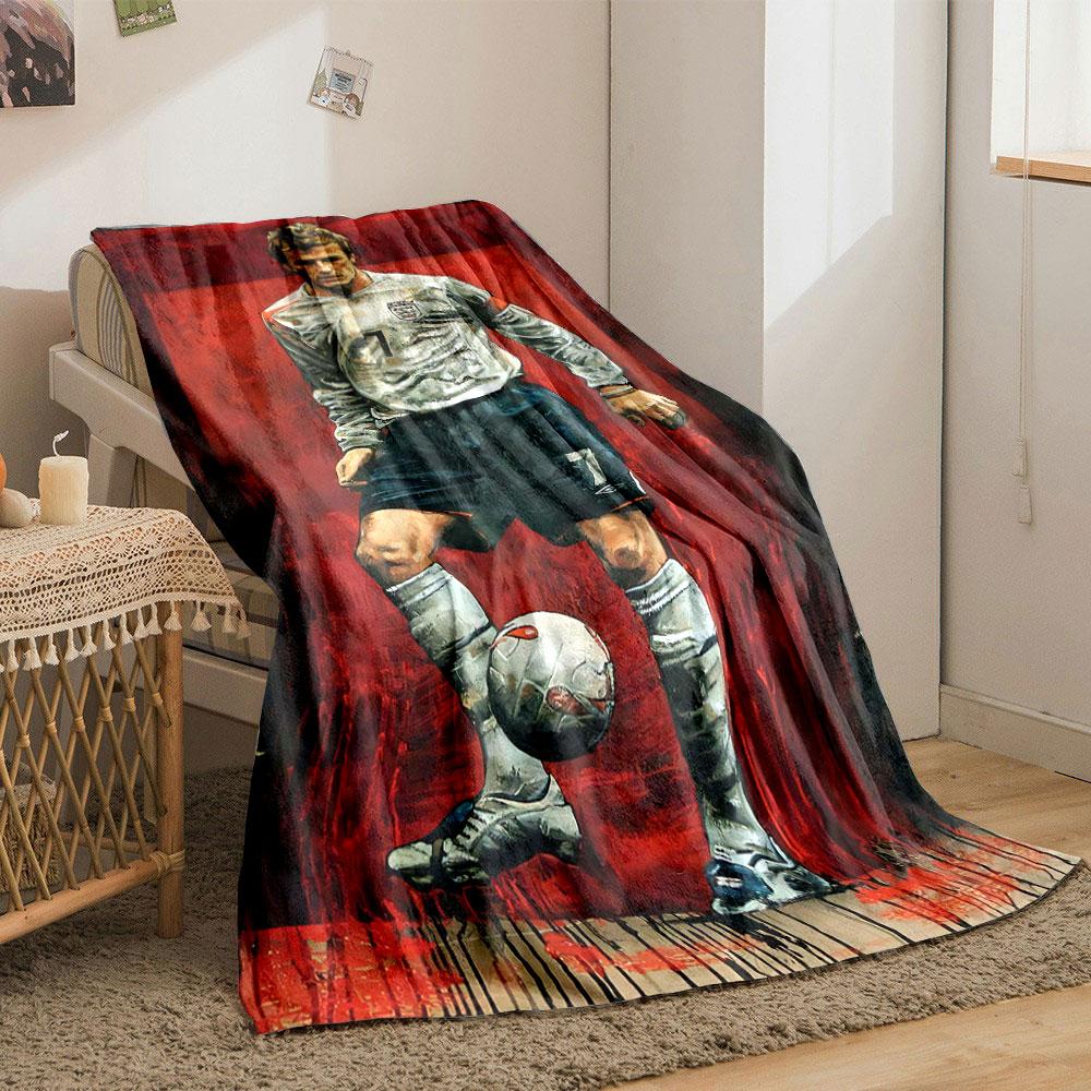 A dynamic soccer portrait with bold red background and painted textures. for all seasons blanket lunch break throw gift