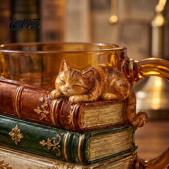 Fun Themed Drinkware for Reading Nooks 3D Stacked Vintage Book Glass Mug, Cute Cat Design Stack Shaped Creative Coffee Cup, Decorative Home And Office