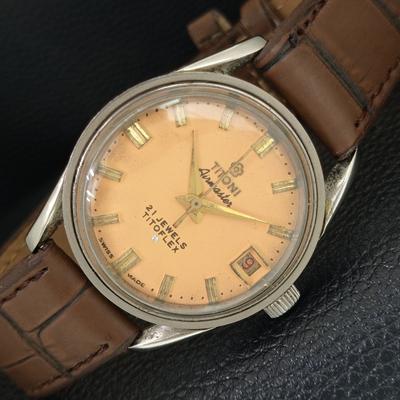ШВЕЙЦАРСКИЕ ВИНТАЖНЫЕ МУЖСКИЕ ЧАСЫ TITONI AIRMASTER TITOFLEX С РУЧНЫМ ЗАВОДОМ БЕЖЕВЫЕ a705143-1