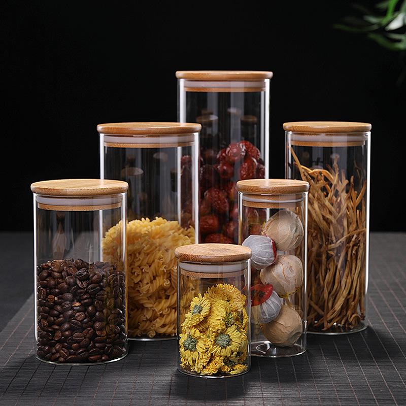 Round Borosilicate Glass Storage Jar with Bamboo Lid for Tea and Grains