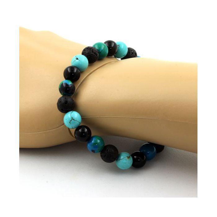Stones and Minerals. Chrysocolla + Black Agate + Turquoise + Lava 8 Mm Pearl Bracelet. Made In France.