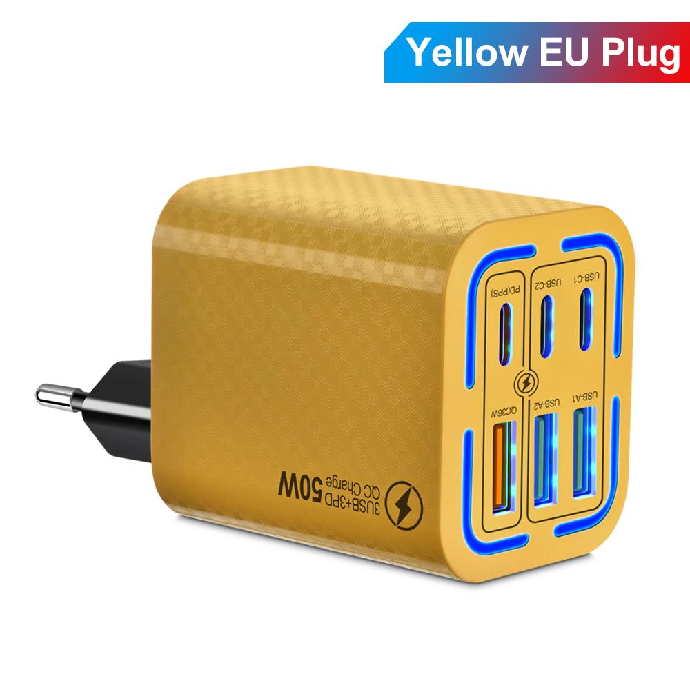 50W 6 Ports USB C Phone Charger 3 USB 3 Type C Wall Fast Charging Adapter for Samsung Iphone Xiaomi  Oneplus EU/US/KR Plug