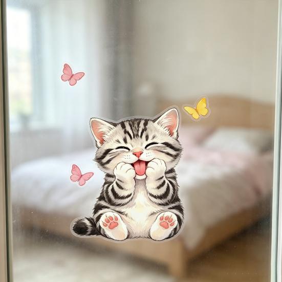 Милая наклейка на окно с котенком, Мультяшные наклейки с котенком и бабочкой, Многоразовая статическая наклейка на стекло с акварельным животным для детской комнаты, декора ванной комнаты