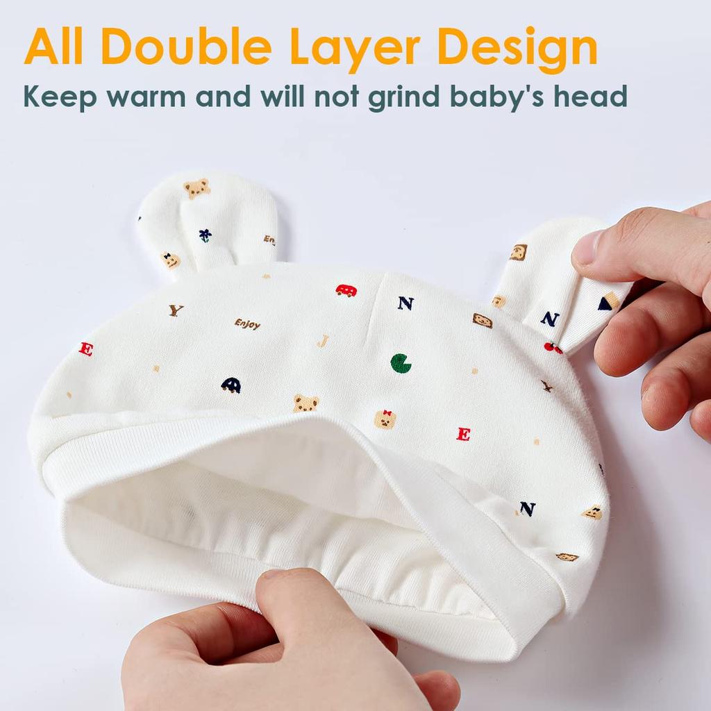 Baby Hats Organic Soft and with Bear Perfect for Baby Baby and Head Protection (6-12 Months), 3-Piece Set, 100% Cotton, Comfortable, Ears, Unisex,
