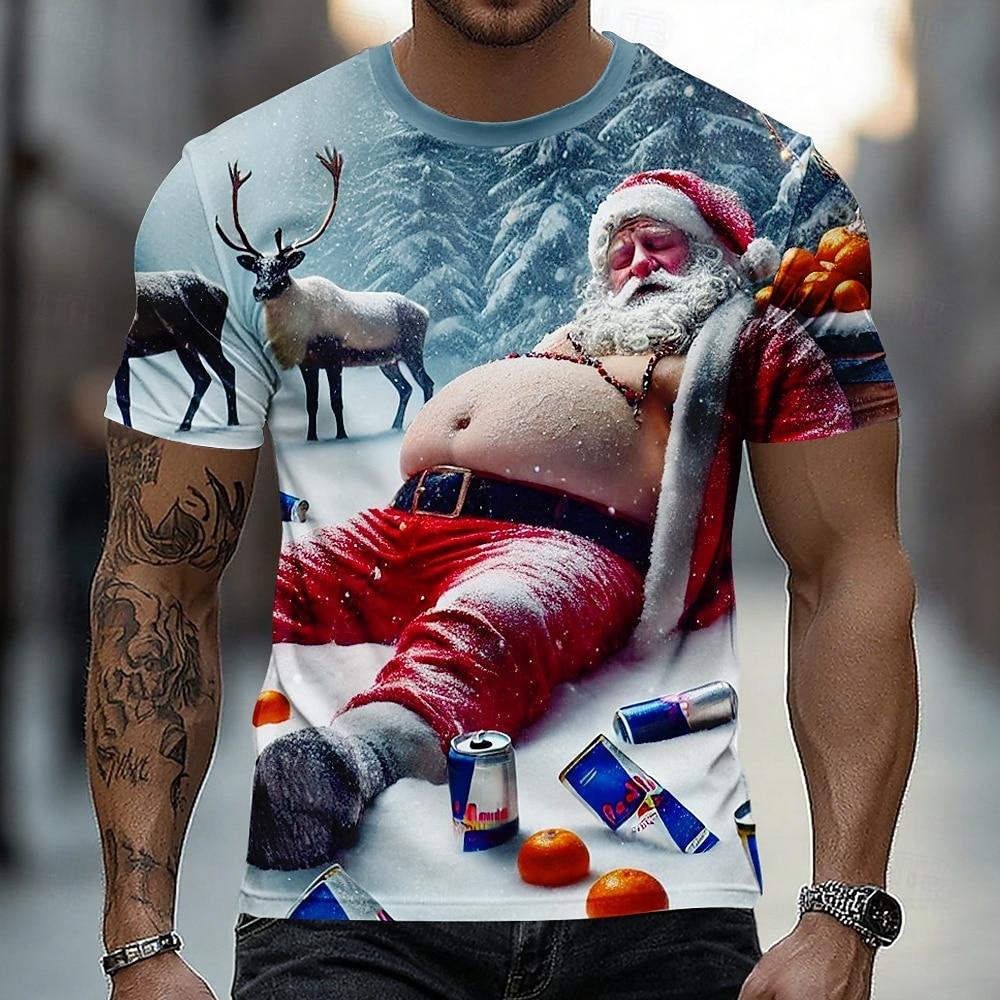 Funny Running Santa Claus 3D Print Women T‑Shirt Crew Neck Short Sleeve Christmas Holiday Tops